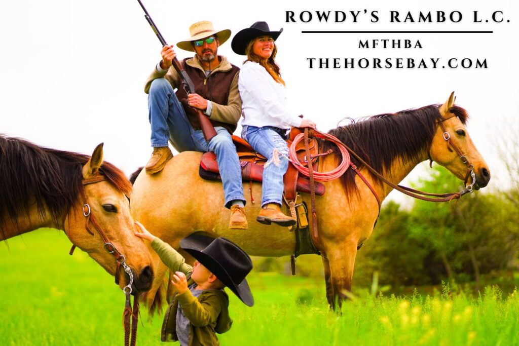 Buckskin MFTHBA horse Rowdy's Rambo L.C. being ridden by a couple in a field
