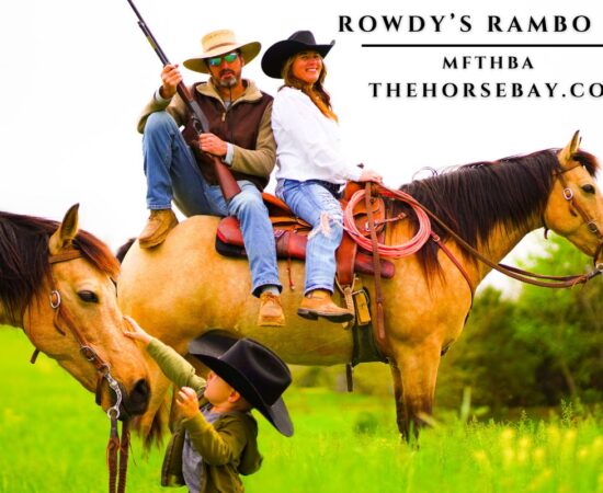Buckskin MFTHBA horse Rowdy's Rambo L.C. being ridden by a couple in a field